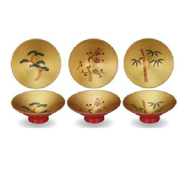 会津漆器・会津塗 朱 2.7 扇型盃 内金地 三ツ組 松竹梅 手描蒔絵