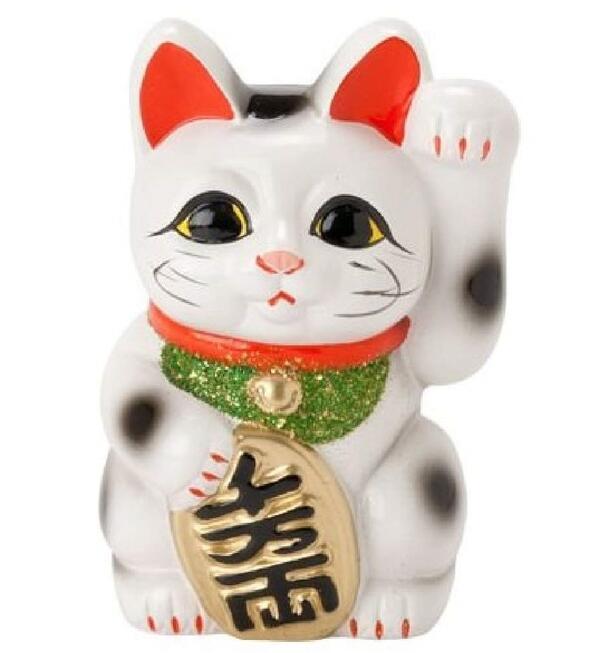 常滑焼 招き猫 梅月 白小判猫（左手）4号高さ：13cm