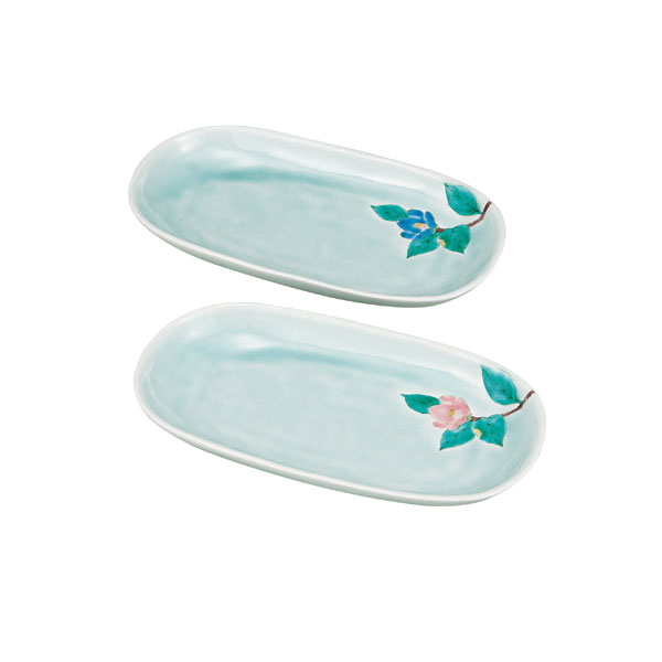 九谷焼　8号ペア長皿青磁椿 文吉窯＜九谷焼 和食器 鉢 小鉢 人気 ギフト セット 贈り物 結婚祝い/内祝い/お返し＞