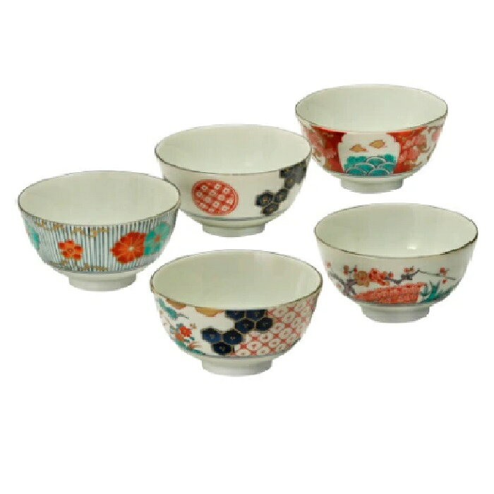 美濃焼 染錦古伊万里 飯碗揃 (5客組)十草錦花紋×1個 / 染錦花鳥×1個 / 染錦亀甲×1個 / 間取錦草花×1個 / 錦金彩千鳥×1個