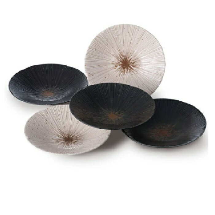 美濃焼 千段十草深皿揃 (5枚組)黒x3・白x2