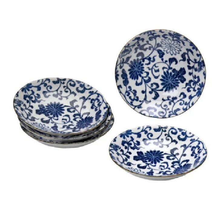 美濃焼 染付菊唐草深皿揃 (5枚組)