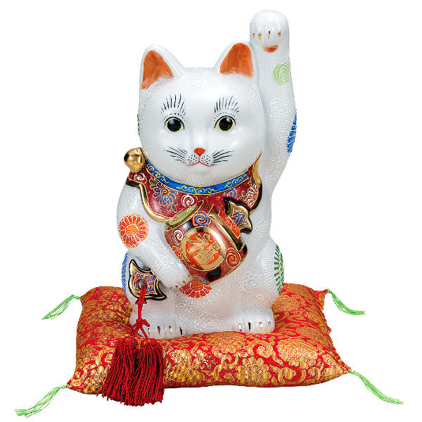 九谷焼　小槌持招き猫　左手上げ　9号　白盛　布団付＜縁起置物　開店祝い　開業祝い　風水　九谷焼 和食器 鉢 小鉢 人気 ギフト セット 贈り物 結婚祝い/内祝い/お返し＞