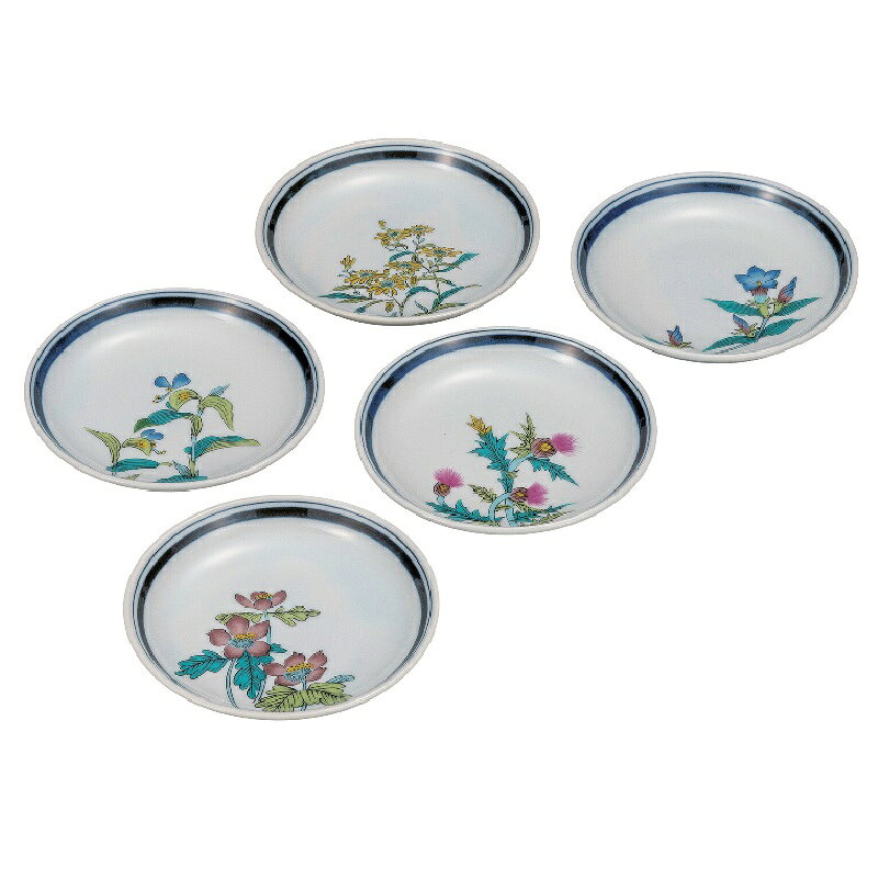 九谷焼 4.5号皿揃 草花絵変り (5枚組)