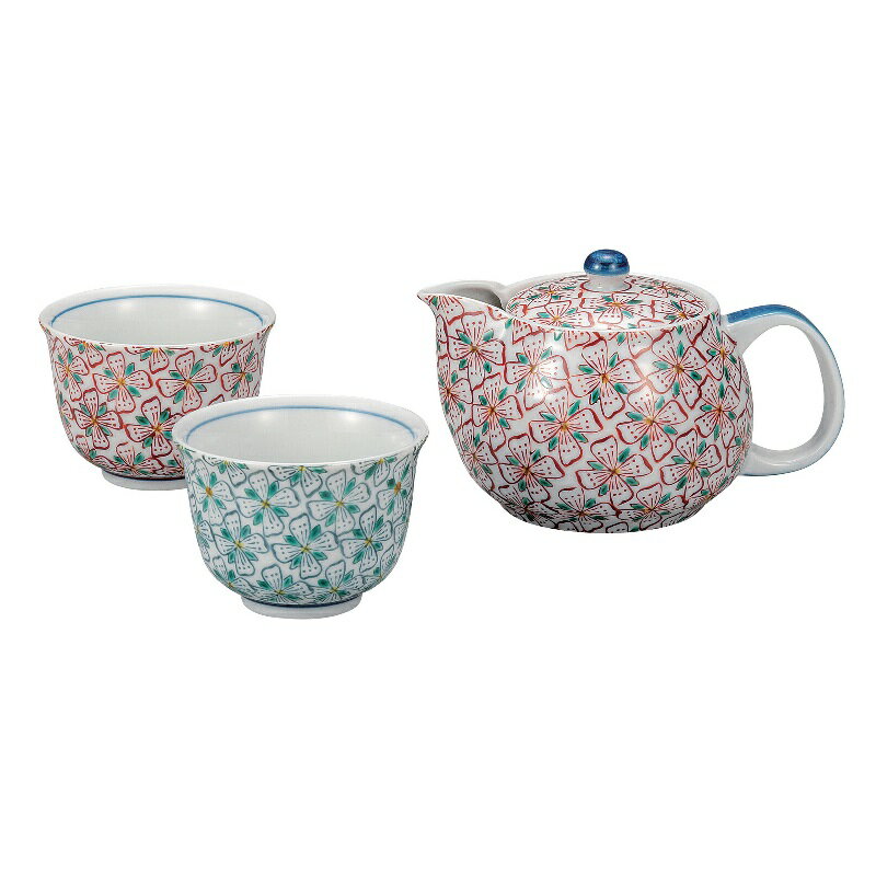 九谷焼 茶器 花紋 網付・九谷焼で作られたポットと碗2つを組合せたセットで絵柄を揃えて楽しみたい方に..