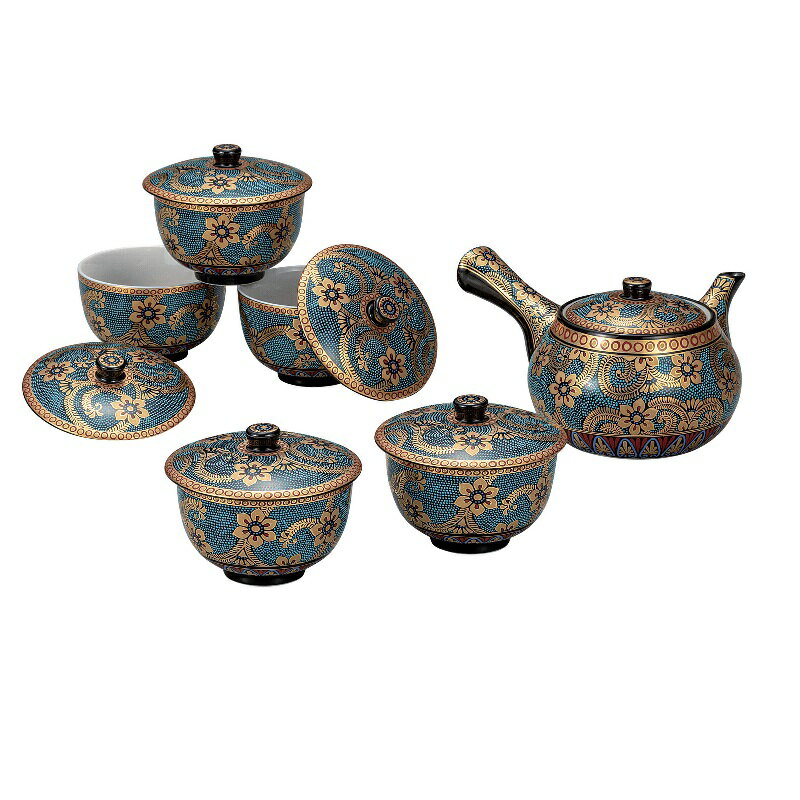 九谷焼 蓋付茶器 青粒金唐草・ 九谷焼の急須と蓋付き汲出碗5つをセットにしたものです。