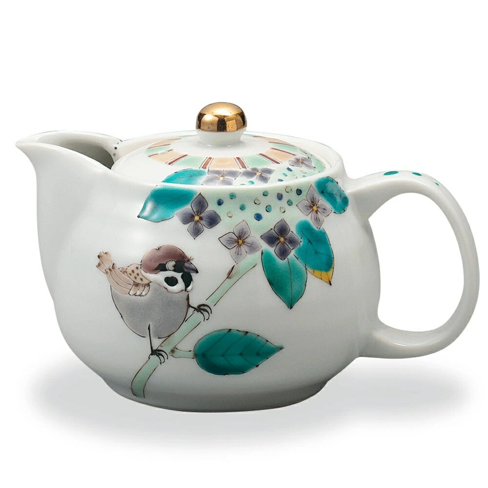 九谷焼 大志窯 ポット急須 額紫陽花に雀 /茶こし付