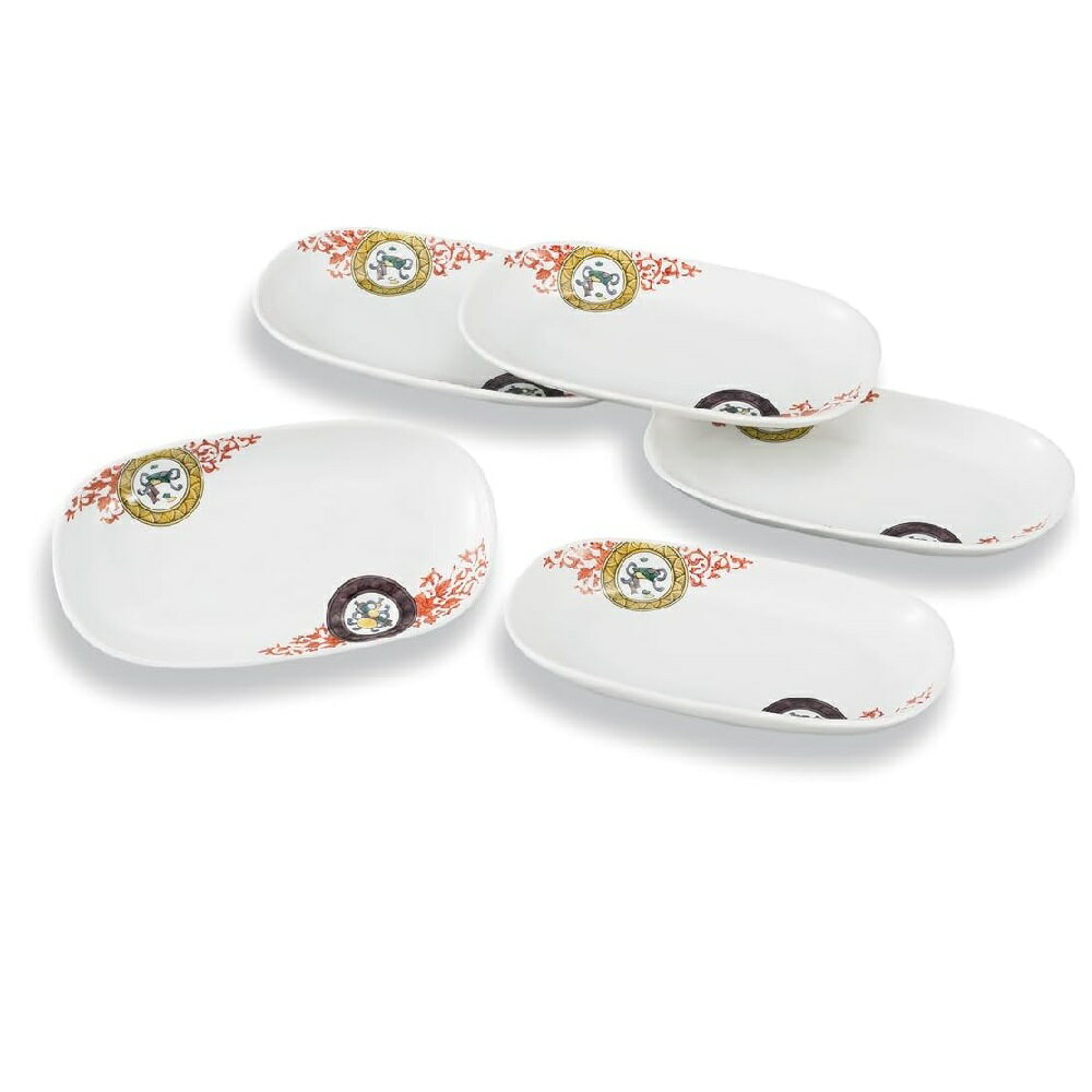 九谷焼 銀泉窯 7.5号皿揃 赤唐草宝文 (5枚組)