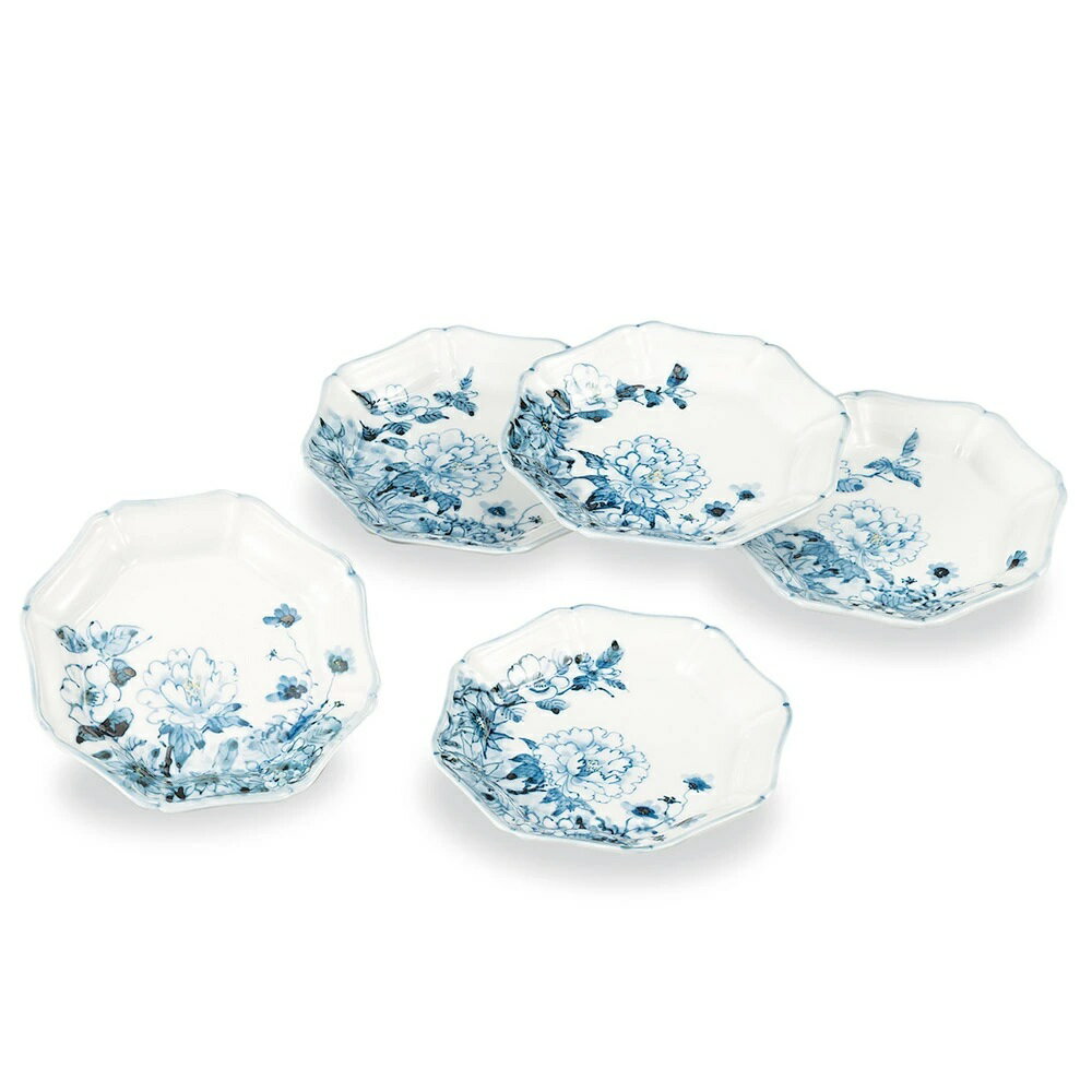 九谷焼 千椿 4号八角皿揃 花寄せ (5枚組)