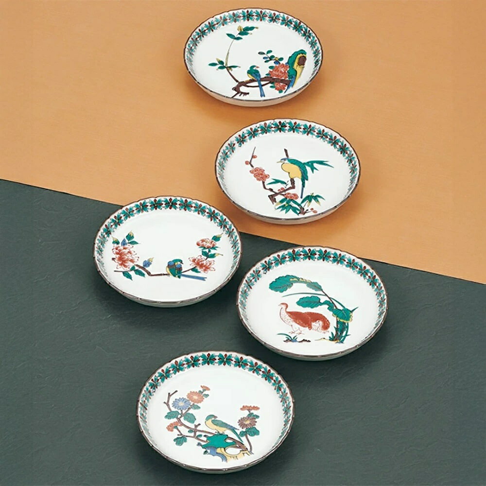 九谷焼 4.5号皿揃 小紋花鳥 (5枚組)