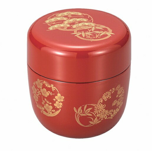 日本製山中漆器 木製中棗（なつめ）　朱塗花丸（松 竹 梅 菊 蘭の丸紋）