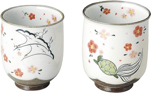京焼/清水焼 嘉峰窯 鶴亀 組湯呑 縁起の良い湯呑　夫婦湯呑