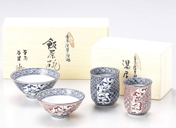 京焼・清水焼 京泉窯　青赤唐草祥瑞　組飯碗/組湯呑