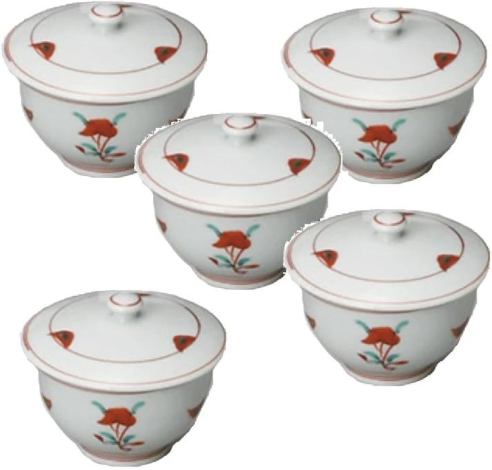 【5客組】波佐見焼 胡窯 古赤絵 蓋付汲出　湯呑