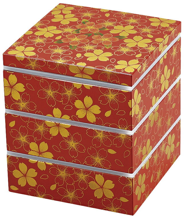 山中漆器　6.5　角三段重　華の舞　赤（シール付）