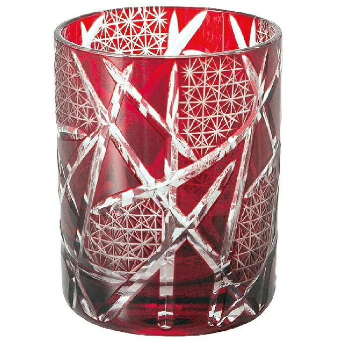Shochu Glass - 切子グラス オールド 矢来文と菊繋ぎ（210cc）銅赤