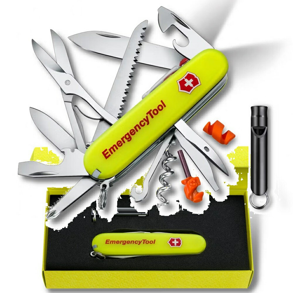 日常・防災・災害時の”もしも”に備える23機能を備えたスイス製マルチツール 大地震や台風、集中豪雨などの災害時に停電が発生することを考慮し、ライト機能を持つ「ハントマンライト」を基に、防災に特化したモデルを開発しました。 暗闇でも見つけやすい蓄光ハンドルや、被災時に居場所を知らせるホイッスルが付属しており、手のひらサイズで多機能を備えています。 火口(ほくち)とファイヤースティックを内蔵し電気やガスがない状態でも簡単に火を起こす事が可能。調理や水の煮沸、暖の確保もできる心強い相棒です。 ツール ラージブレード(大刃) / スモールブレード(小刃) / コルクせん抜き / ファイヤースチール / Helix Tinder / カン切り / マイナスドライバー 3mm / せん抜き / マイナスドライバー 6mm / ワイヤーストリッパー / マイナスドライバー 2.5mm / リーマー(穴あけ)、千枚通し / はさみ / のこぎり / プラスドライバー(フィリップス型1/2) / マルチフック / LED / キーリング / ピン / ピンセット / つまようじ / 加圧ボールペン サイズ 高さ: 26 mm 長さ: 91 mm 幅: 26 mm 重量: 121 g