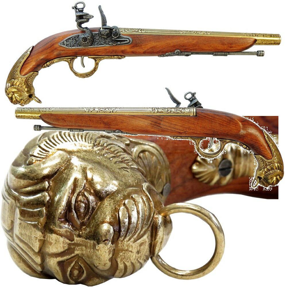 金属と木材で作られたフリントロック銃の複製です。 装填と発射のメカニズムをシュミレートしています。 ゴールド 18世紀 43cm 830g　(ピストル,銃レプリカ) デニックス社のピストル、ライフルは装飾品として製造されていますので、トリガ...