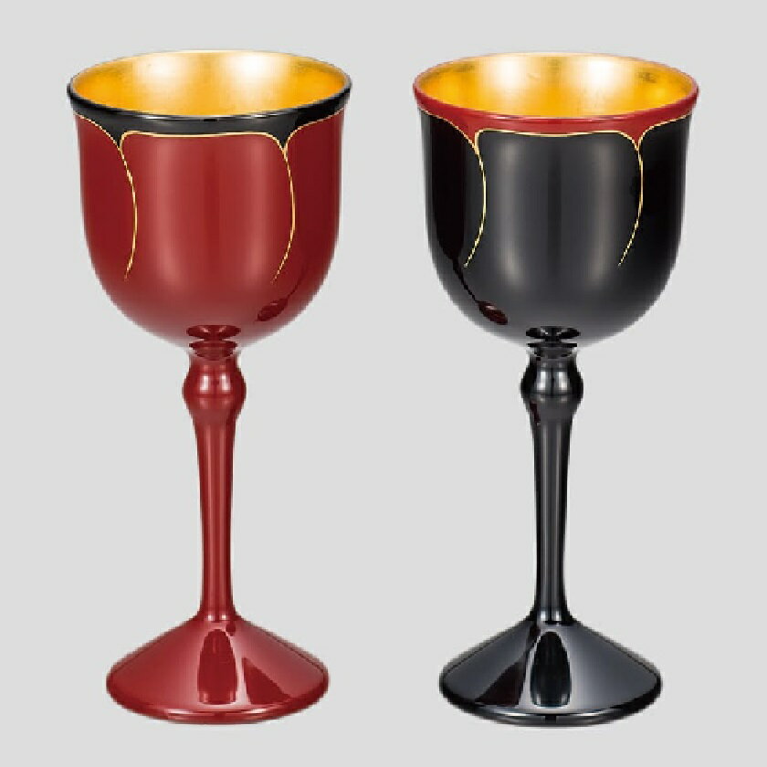 山中漆器 山中塗 ワインペアカップ　花ライン　内金箔