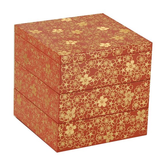 日本製　山中漆器　重箱　かわいい朱色のベースに金の小桜がいっぱい　桜づくし4.0三段重（朱）（A）のサムネイル