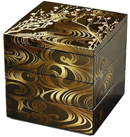 日本製　山中漆器　重箱　日本の伝統美、香琳の柄を丹念に描いた、職人技が際立つ三段重　香琳6.0三段重(黒)（A）