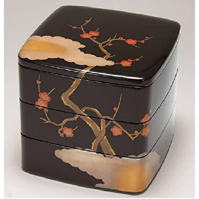 越前漆器・越前塗 漆遊館 黒内朱 雲に梅 65胴張三段重