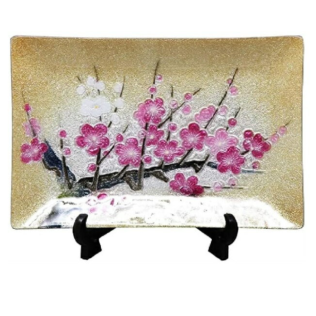 七宝焼 飾皿 46 (縦120mm×横180mm) 金地紅白梅