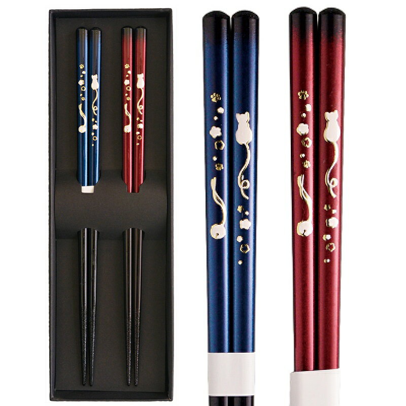 会津漆器・会津塗 夫婦箸 猫に鈴 (食洗器OK）青・赤