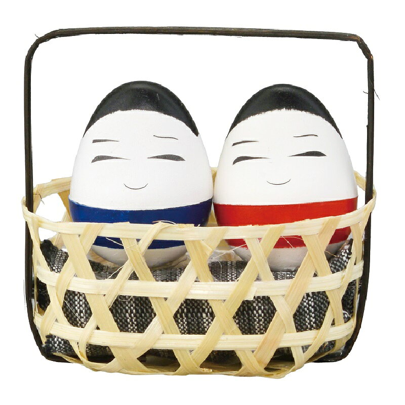 会津・民芸品・起き上がり小法師 籠入りペア（小）赤・青