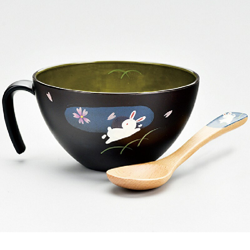 Rakuten - 会津漆器・会津塗 スープ椀・スプーンセット (手描) 月花うさぎ