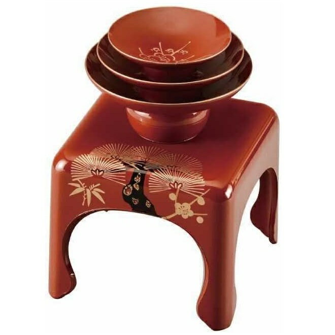 会津漆器・会津塗 朱 盃・盃台セット 松竹梅（3.3組盃）