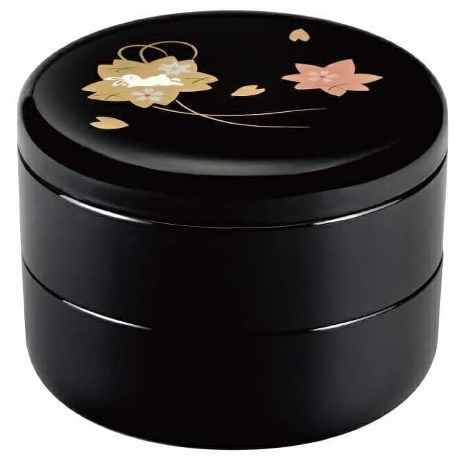 会津漆器・会津塗 黒 5.5 丸 二段重 華うさぎ（手描）