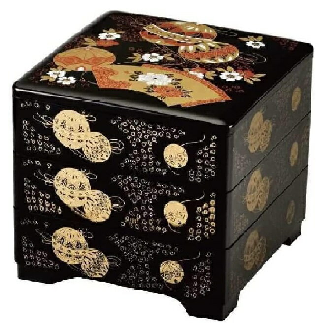 会津漆器・会津塗 6.5 三段重 てまり (黒)