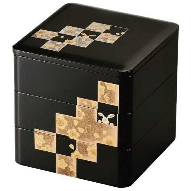 会津漆器・会津塗 黒 5.0 隅丸 三段重 市松春秋