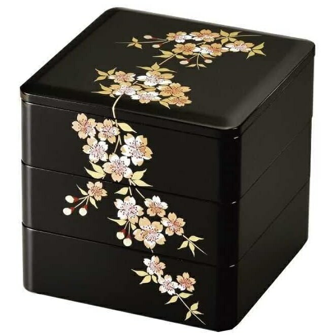 会津漆器・会津塗 黒 5.5 隅丸 三段重 しだれ梅