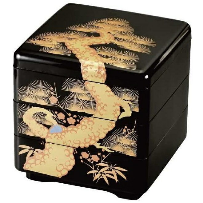 会津漆器・会津塗 黒内朱 6.5 緑三段重 老松