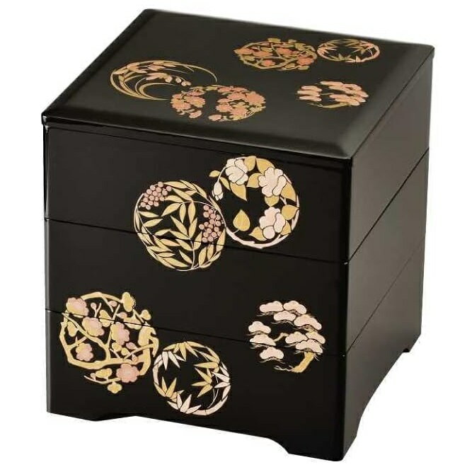 会津漆器・会津塗 黒 6.5 三段重 花丸語君子