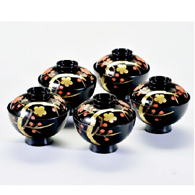 会津漆器・会津塗 黒 御殿 吸椀 香梅（手描）（5客組）