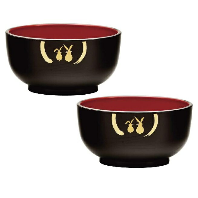 会津漆器・会津塗 溜内朱 5.0 多用椀 夢うさぎ（2客組）