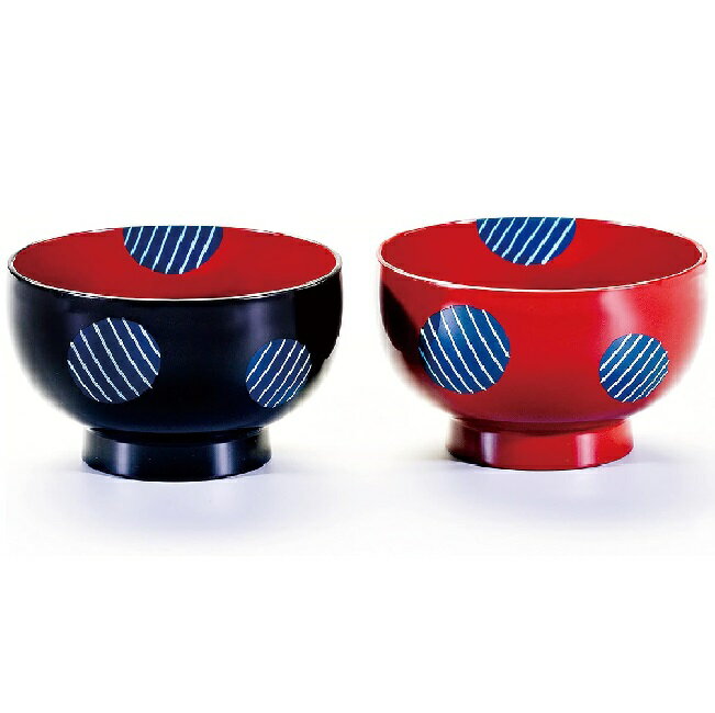 会津漆器・会津塗 溜内朱/朱 丸型 夫婦汁椀 （手描） (会津木綿)