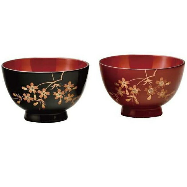 会津漆器・会津塗 黒/朱 夫婦汁椀 しだれ桜（漆・手描）