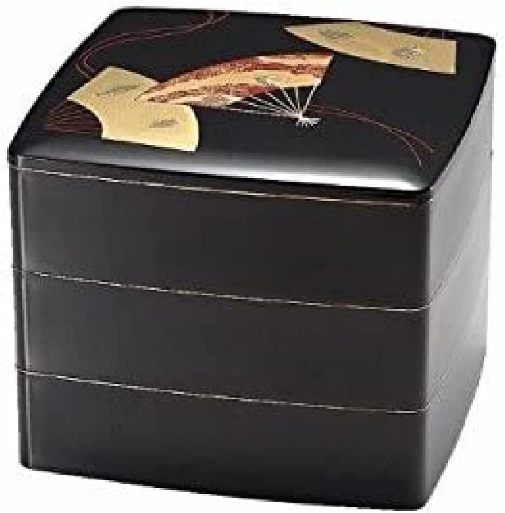 越前漆器　黒内朱　7.5寸扇面胴張三段重　22.7×22.7×19.0cm