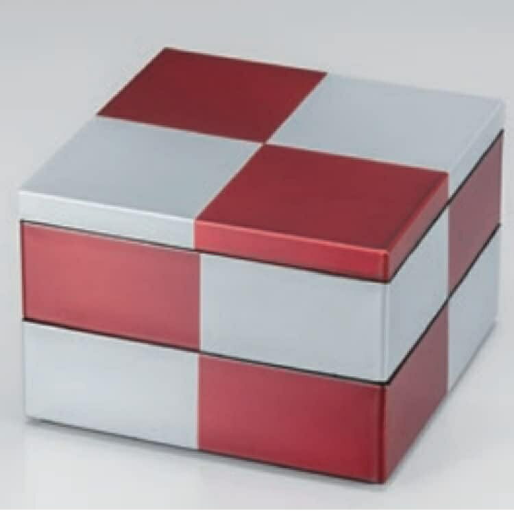 越前漆器・越前塗 漆遊館 ワインレッド市松内黒(漆風塗) 50角重 二段重