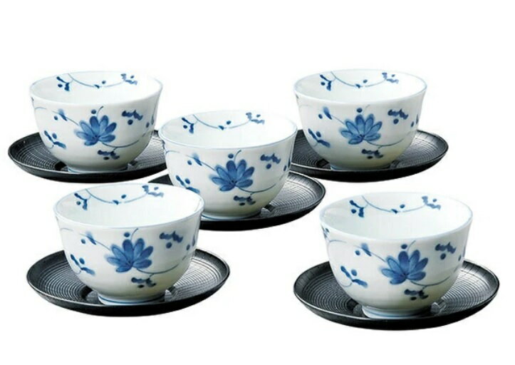 美濃焼/JAPAN　湯呑　華唐草 茶托付湯呑5客揃