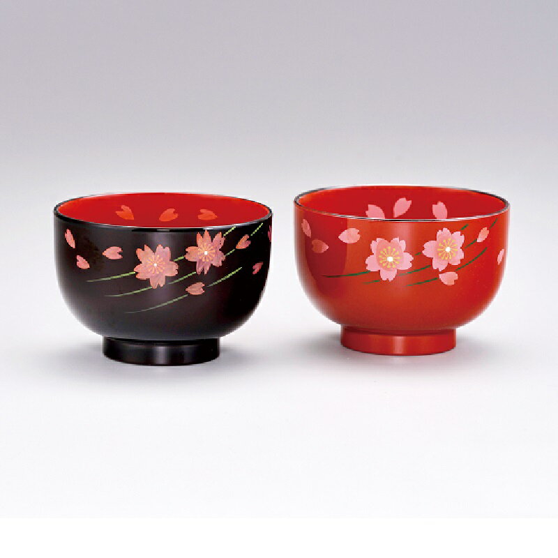 会津漆器・会津塗 黒/朱 夫婦椀 桜（電子レンジ対応 ●食洗機対応）