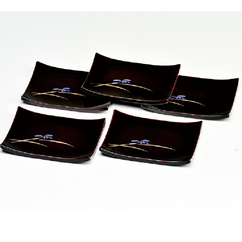 会津漆器・会津塗 溜 長角銘々皿 紫らん（5枚組）手描