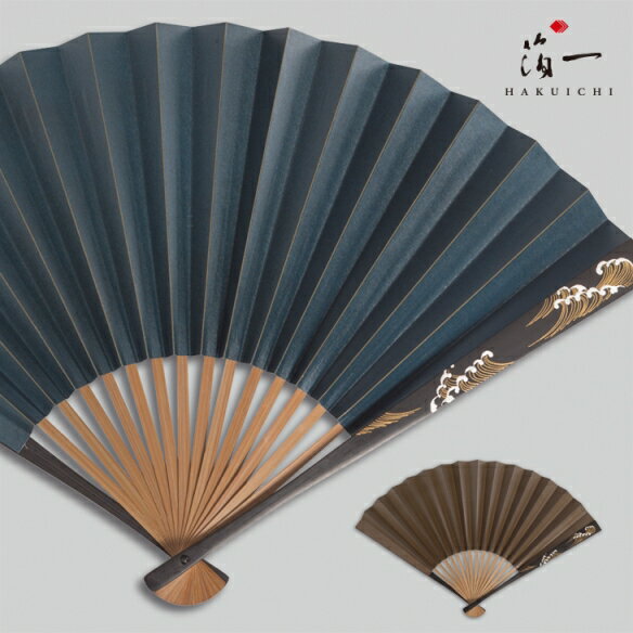 日本製　柿渋脇漆扇子男女兼用 波(茶紺) 素材 真竹、柿渋和紙、本漆 260×17mm
