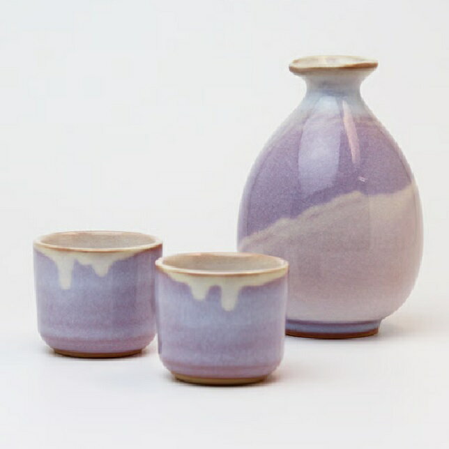 萩焼 椿秀窯 萩むらさきお預け酒器　徳利：約φ8.0×H12.0cm（300ml）ぐいのみ：約φ5.5×H5.0cm（70ml）×2客