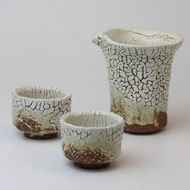 萩焼 椿秀窯 椋原 佳俊作 かいらぎ冷酒器揃　注器：約φ9.0×10.2×H10.5cm（320ml）ぐい呑（角）：約φ6.5..