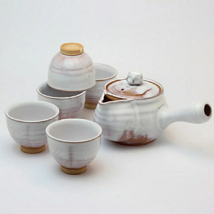 萩焼 椿秀窯 白釉茶器揃 急須：（700ml）碗（210ml）×5